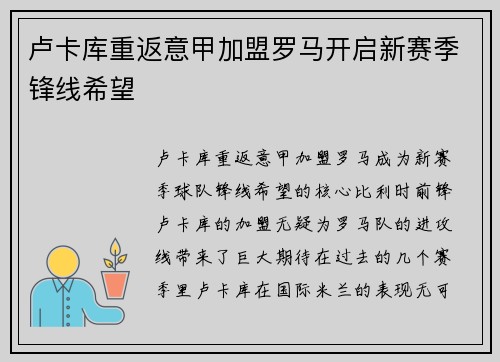 卢卡库重返意甲加盟罗马开启新赛季锋线希望